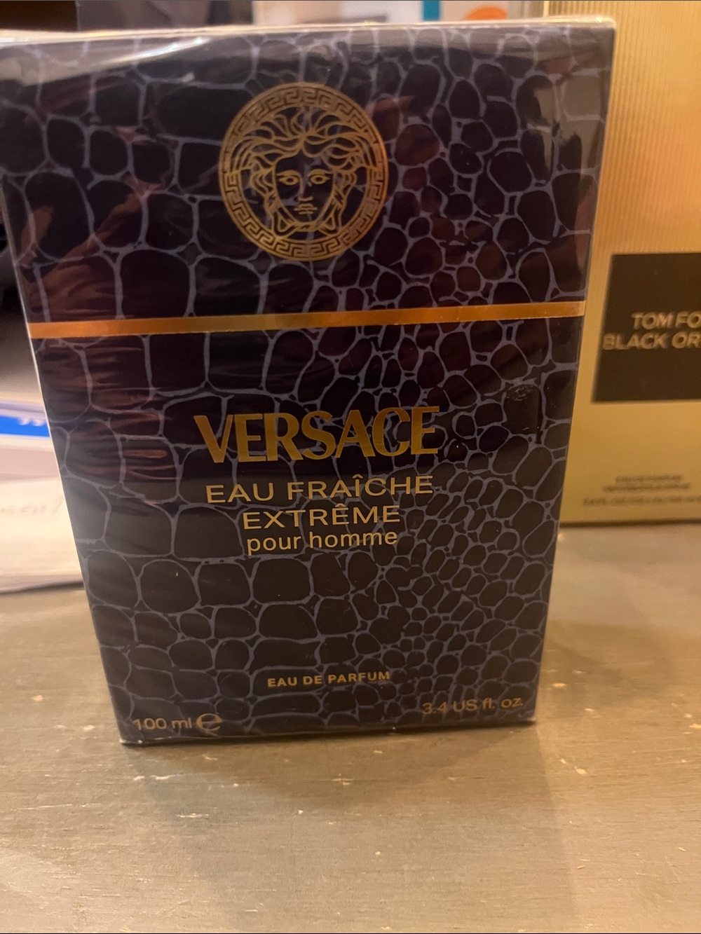 Versace Eau Fraîche Extrême Pour Homme in Dark Blue and Gold Accent